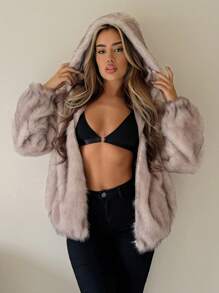 SHEIN ICON Áo khoác lông xù rộng thùng thình có tay áo Dolman hở phía trước, khóa kéo - Màu Khaki - Xem 1