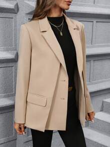 SHEIN Clasi 女士双翻领不对称开衩西装外套 - 杏色 - 查看 2