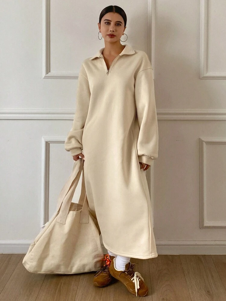 Straight Cut Split Hem Casual Solid Color Midi Dress For Women Shirt Dress,Fall Dress Long Sleeve Dress