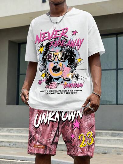 Street Life Men's Casual Slogan & Figure Print Crew Neck Short Sleeve T-Shirt And Drawstring Waist Shorts Set For Summer