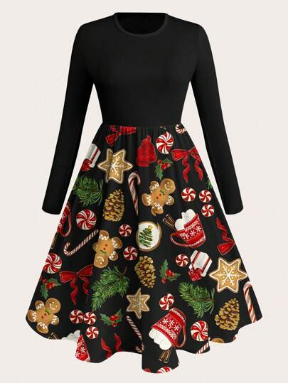 SHEIN LUNE Plus Size Women's Winter Christmas Print Crew Neck Long Sleeve Dress Maxi Women Outfit