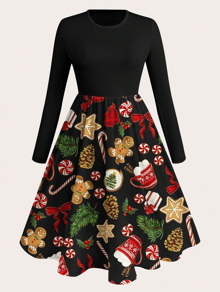 SHEIN LUNE Đầm Maxi Cổ Tròn In Họa Tiết Giáng Sinh Mùa Đông Cỡ Lớn Cho Nữ Trang Phục Nữ - Nhiều màu - Xem 1