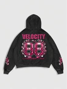 ROMWE MEN Street Life Hoodie Pria Kasual dengan Cetakan Huruf & Angka dan Resleting - Hitam - View 1