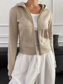 Livesso 新款秋季连帽修身基础款女式卫衣，秋季女装外套拉链连帽衫 - 卡其色 - 查看 4