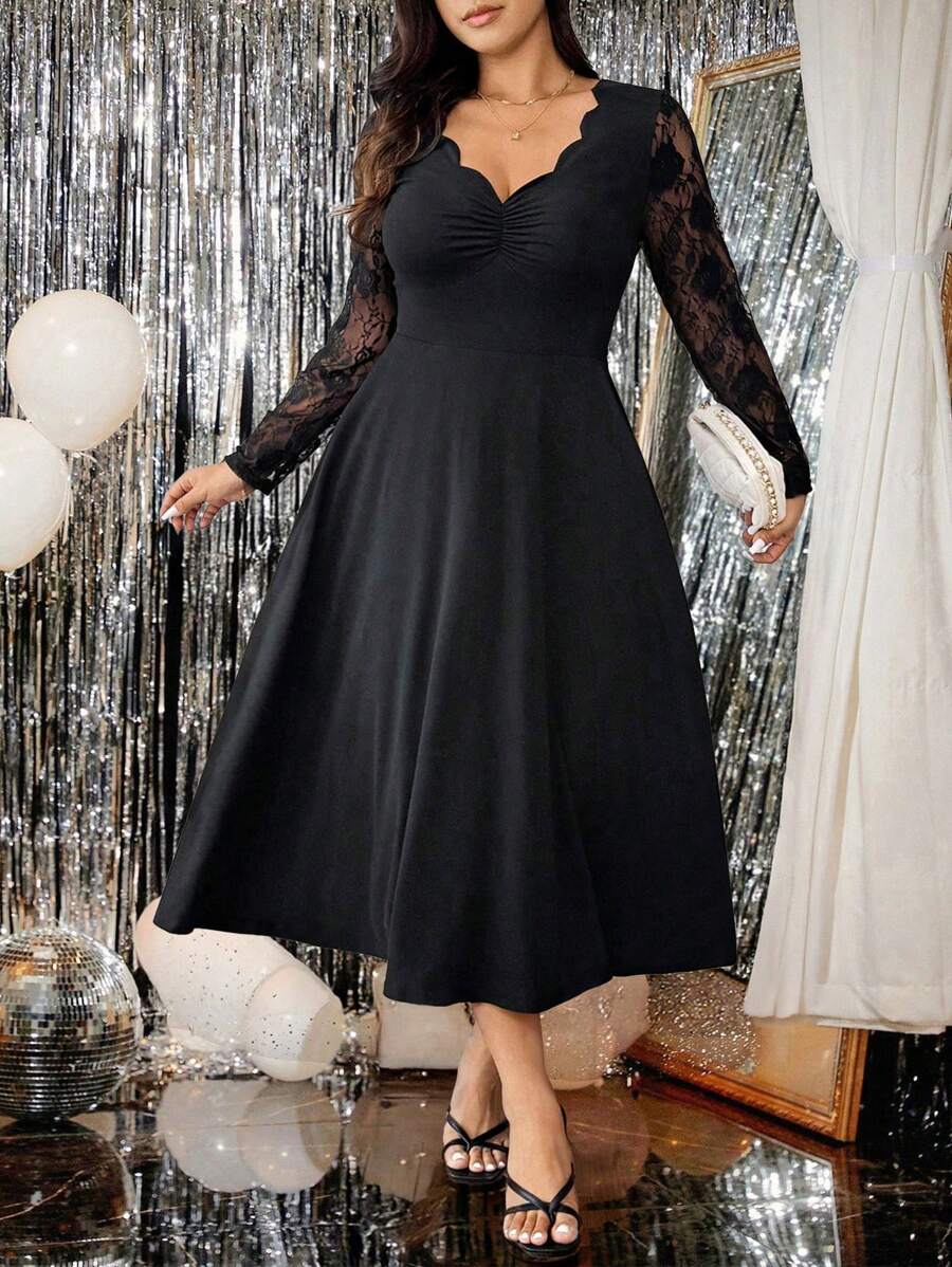 SHEIN Unity 大码女式纯色蕾丝边 V 领长袖优雅连衣裙，秋冬季长款女装 - 黑色 - 查看 1