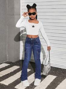 SHEIN Tween Girl Y2K Solid Washed Flared Jeans With Pleats And Flap Pocket Stacked Cargo Jeans - Dark Wash - View 5