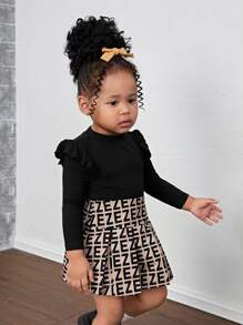 SHEIN 2pcs Baby Girls Cute Black Knitted Ruffle Trim Top And Letter Print Skirt Outfit, Fall/Winter - Multicolor - View 8
