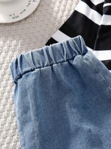 SHEIN 2 piezas Camiseta de niño preadolescente a rayas estampada con pantalones cortos vaqueros, moda de verano - Negro - Ver 6