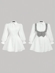 SHEIN MOD 大码拼色长袖衬衫裙配背心，学院风，两件套服装，自由打底裙，舞会礼服，教师礼服，办公室服装，返校节礼服，返校礼服，商务休闲女装 - 黑與白 - 查看 12