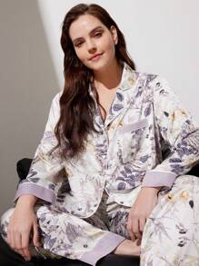 LUVLETTE Conjunto de pijama longo de cetim com estampa floral para mulheres, outono e inverno, conjuntos de pijama para mulheres, lingerie aconchegante e elegante, detalhes de outono