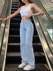Women's Pearl Embellished High Waisted Jeans Wide Leg Denim Pants Light Blue Beaded Straight Trousers For Party