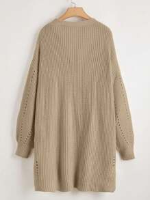 SHEIN CURVE+ 大码纯色镂空休闲百搭长袖针织开衫，适合冬季 - 卡其色 - 查看 2