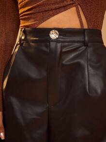 SHEIN Unity 高腰仿皮 PU 阔腿褶皱裤 - 黑色 - 查看 2