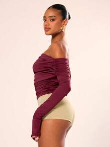 MUSERA Long Sleeve Foldover Ruched Fitted Top Holiday Ibiza Beachwear Off The Shoulder Tops Going Out Tops Club Fall Autumn Winter Elegant Spring Summer - Burgundy - View 4