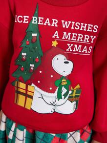 We Bare Bears X SHEIN 年轻女孩 2 件套卡通熊印花圆领落肩蓬松针织运动衫和格子裙圣诞装 - 紅色 - 查看 7