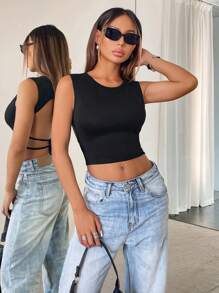 SHEIN SXY Áo ba lỗ hở lưng dáng ôm vừa vặn dành cho nữ - màu đen - Xem 3