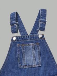 SHEIN Explorewe Tween Girls' Casual Side Button Pockets Denim Jumpsuit, Summer - Dark Wash - View 5