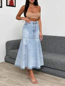 EURMUSE High Waist Flared Hem Denim Skirt - Blue - View 5