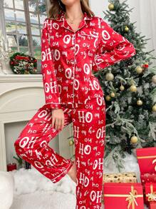 CoupledUp 圣诞节新奇英文文字雪花图案红色节日氛围仿丝绸睡衣套装，秋冬服装 - 紅色 - 查看 3