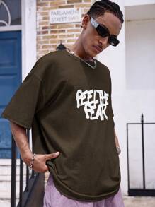 Manfinity Dauomo 男士时尚英文口号印花 T 恤，适合休闲户外活动 - 棕色 - 查看 3