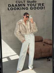 Aloruh New Fluffy Fur Collar Long Sleeve Warm Fluffy Jacket, Versatile For Autumn/Winter