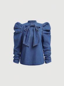 SHEIN Blue Denim Butterfly Detail Stand Collar Gigot Sleeve Blouse For Teen Girls