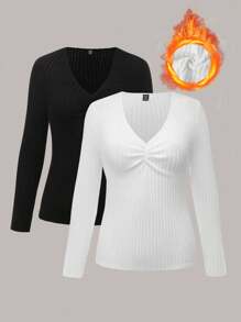 Flirla 2pcs/Set Plus Size Ribbed V-Neck Black & White T-Shirts, Autumn & Winter - Black and White - View 1