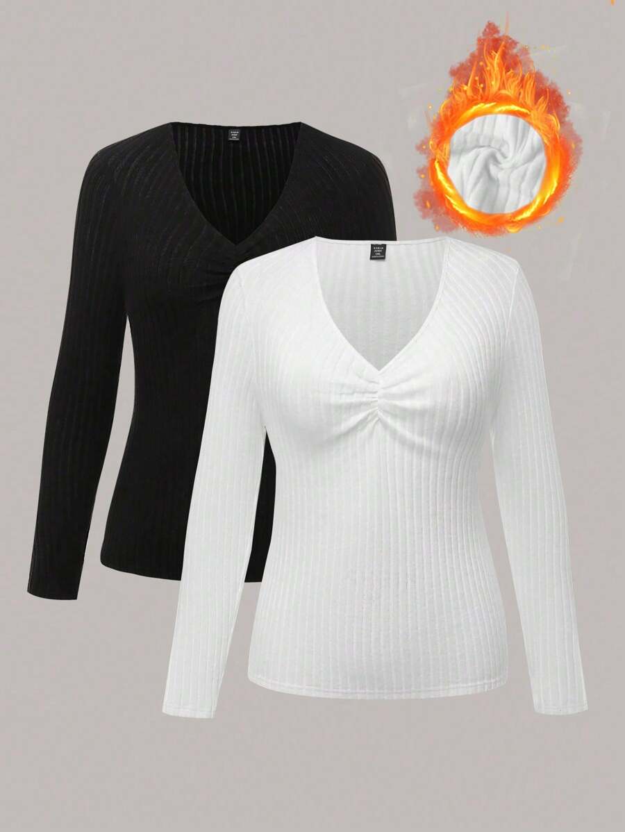 Flirla 2pcs/Set Plus Size Ribbed V-Neck Black & White T-Shirts, Autumn & Winter - Black and White - View 1