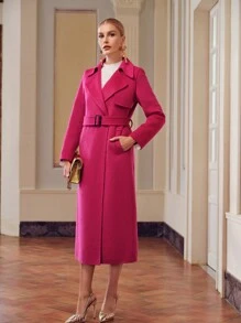 ZEYLAH LAPEL COLLAR BUCKLE BELTED OVERCOAT - Hot Pink - View 12