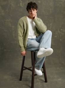 Manfinity VCAY Men Fuzzy Knit Cardigan Sweater - Army Green - View 7