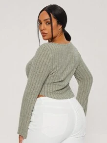 SHEIN BASICS Áo thun cổ vuông tay loe viền bất đối xứng ôm vừa vặn cho nữ cỡ lớn, thường ngày - Màu be - Xem 2