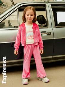 SHEIN 2 件套女孩刺绣字母天鹅绒柔软有弹性运动休闲装，时尚舒适 - 粉色 - 查看 6