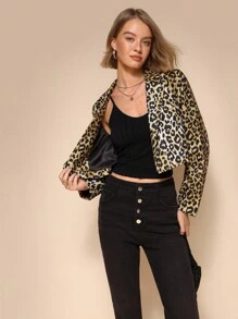 Chiquease 女士时尚豹纹翻领长袖薄款夹克