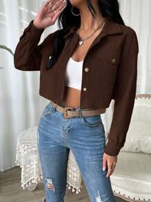 SHEIN EZwear Women's Solid Color Long Sleeve Striped Fashion Design Cropped Jacket In Fall/Winter - Brown - View 6