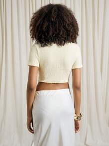 AiiRZ 蓬松针织高领短袖收腰饰边短款上衣 - 杏色 - 查看 2