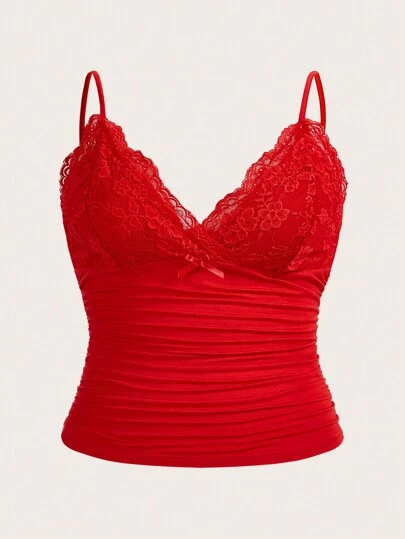 Hourglow Plus Size Sexy & Elegant Solid Color Lace Patchwork Ruched Slim Cami Top, For Summer