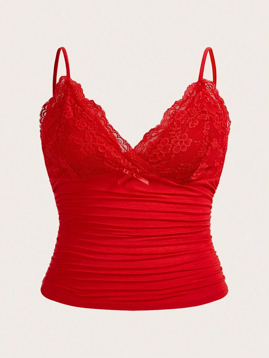 SHEIN ICON Plus Size Sexy & Elegant Solid Color Lace Patchwork Ruched Slim Cami Top, For Summer - Red - View 1