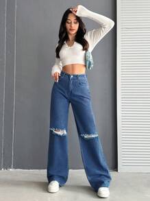 RueChic Jeans Rasgados De Color Sólido Para Mujer - Azul - Ver 3