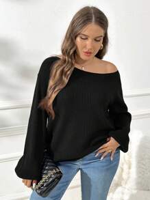 SHEIN Essnce 大码女装秋季女装新款时尚休闲通勤拉绒面料休闲纯色藏青色宽松多穿法（单肩、斜肩、正肩）针织毛衣，毛衣套头露肩上衣，露肩长袖，秋季女士毛衣， - 黑色 - 查看 5