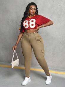 SHEIN PETITE CURVE Plus Size Women Khaki Denim Skinny Cargo Pants Summer Vacations Woman 90s Clothes Springs For Women Y2k Clothes Cowgirls For Women Rave Spring Breaks Going Outs Streetwear 2000s Style Raves Country Concert Festivals For Women - Khaki - View 6