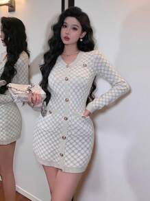 DAZY Women V-Neck Textured Plaid Mini Sweater Dress,Fall Clothes - Beige - View 4