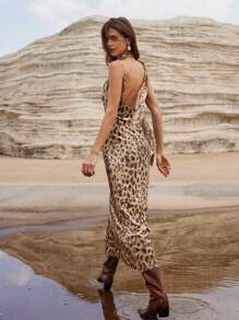 Femmeiva Vintage Sexy Leopard Print Mesh See-Through Spaghetti Strap Bodycon Dress - Camel - View 4