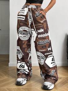 Coolane 女士春夏嘻哈休闲数字图案撞色足球运动裤 - 咖啡棕 - 查看 4