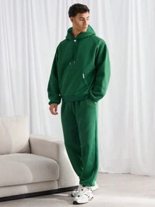 Manfinity VCAY 2pcs Men's Knit Fitted Casual Hoodie Loose Drop Shoulder Sweatshirts Set, For Fall Winter - Dark Green - View 4