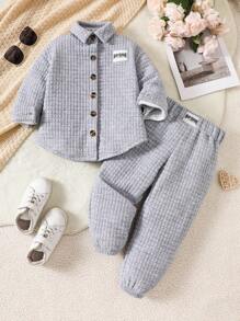 SHEIN Bộ 2 áo len cardigan chữ đơn sắc rộng rãi cho bé gái và quần len rộng rãi cho bé gái - Xám - Xem 3