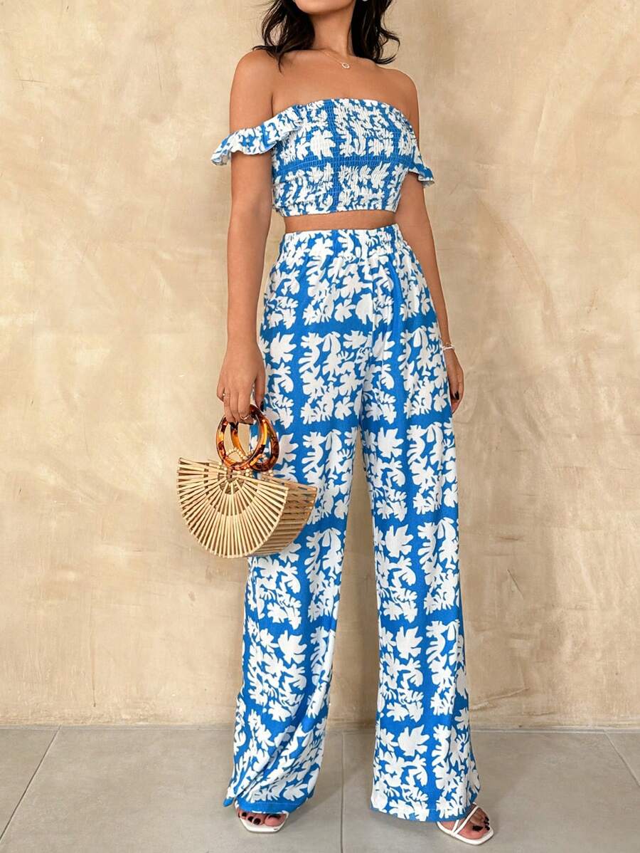 RueChic Blue And White Floral Two Pieces Top And Pant - Blue and White - View 1