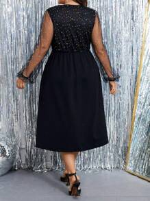 SHEIN Clasi Plus Size V-Neck Mesh Contrast Elegant Long Sleeve Dress - Black - View 2