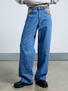 AiiRZ 腰部镂空链条细节阔腿牛仔裤 - 藍色 - 查看 1