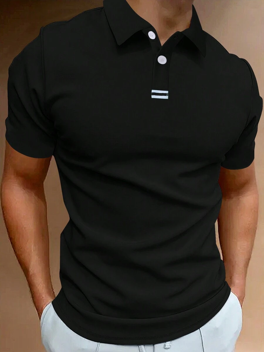 Manfinity Homme Men's Casual Versatile Striped Webbing Detail Short Sleeve Polo Shirt - Black - View 1