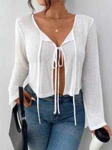 SHEIN Frenchy Women Plus Size Tie Front Twist Long Sleeve Top - White - View 7